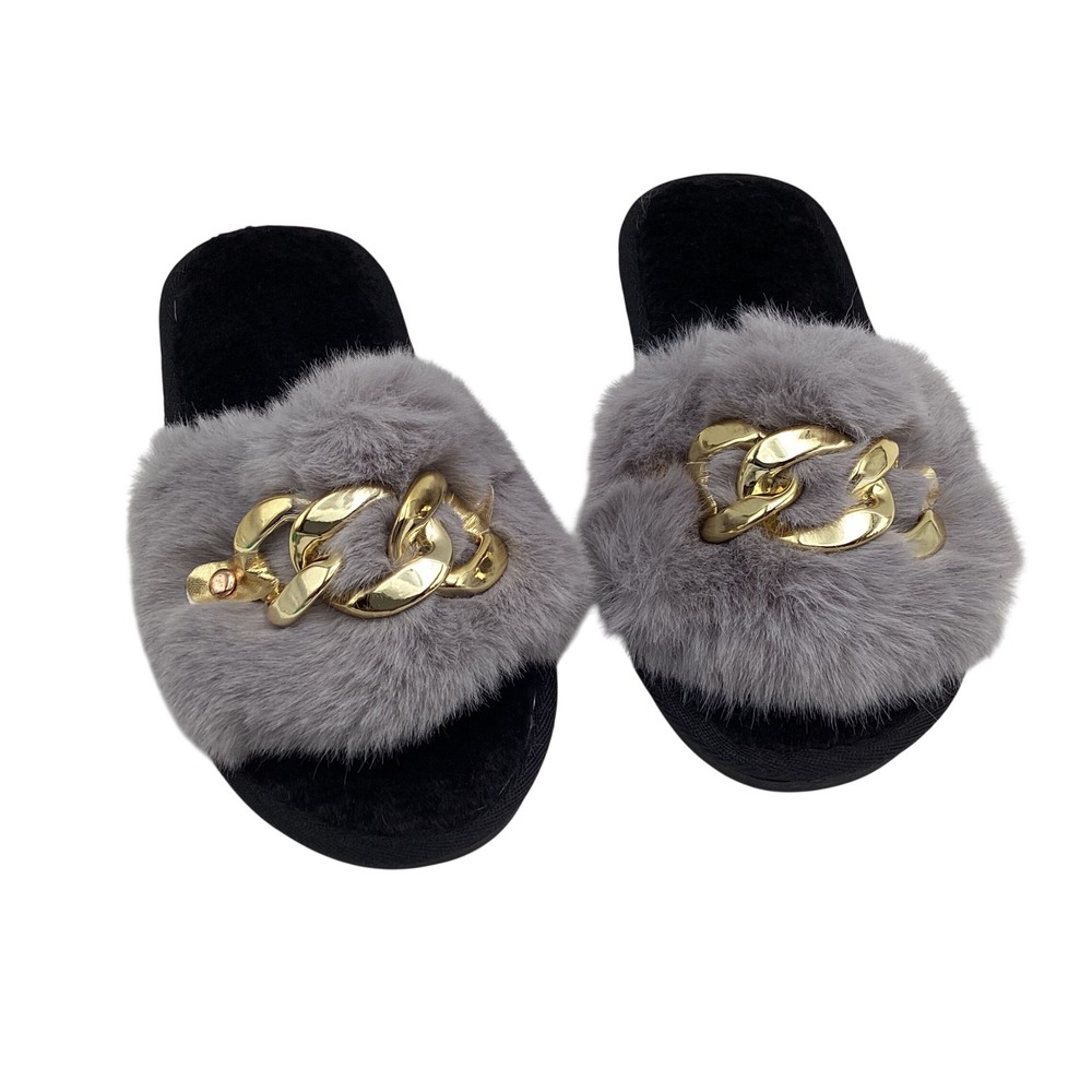 Grey Faux Fur Gold Chain Slide Slippers House Shoes Women Size 37-38 250MM